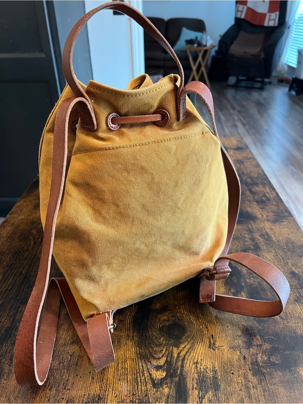 Madewell Mustard Yellow Canvas Drawstring Backpack with Leather Trim - Picture 5 of 7